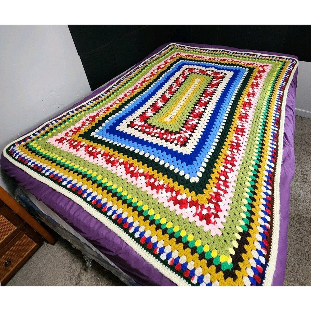 Vintage Hand Crochet Granny Square Afghan Blanket Large Multi Color Throw 70X50